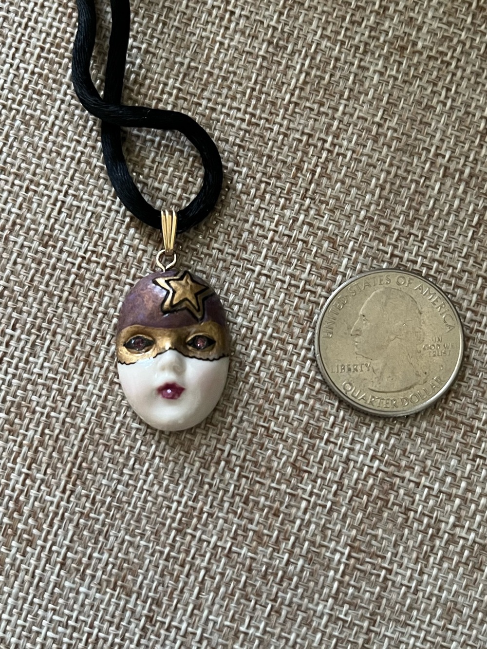 Mask Pendant Necklace with Gold Accent in White, Purple & Gold